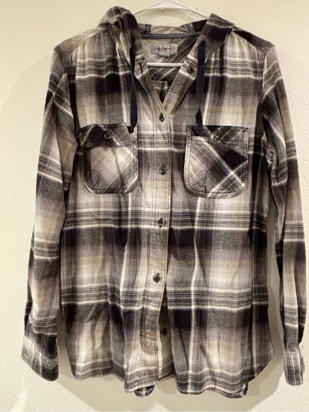 Women’s Carhartt Black & White Plaid Hooded Flannel Shirt - Size Medium
